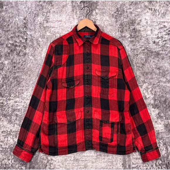 Polo Ralph Lauren Shirt Large Mens Red Buffalo Check Cargo Hunting Flannel - Picture 1 of 8